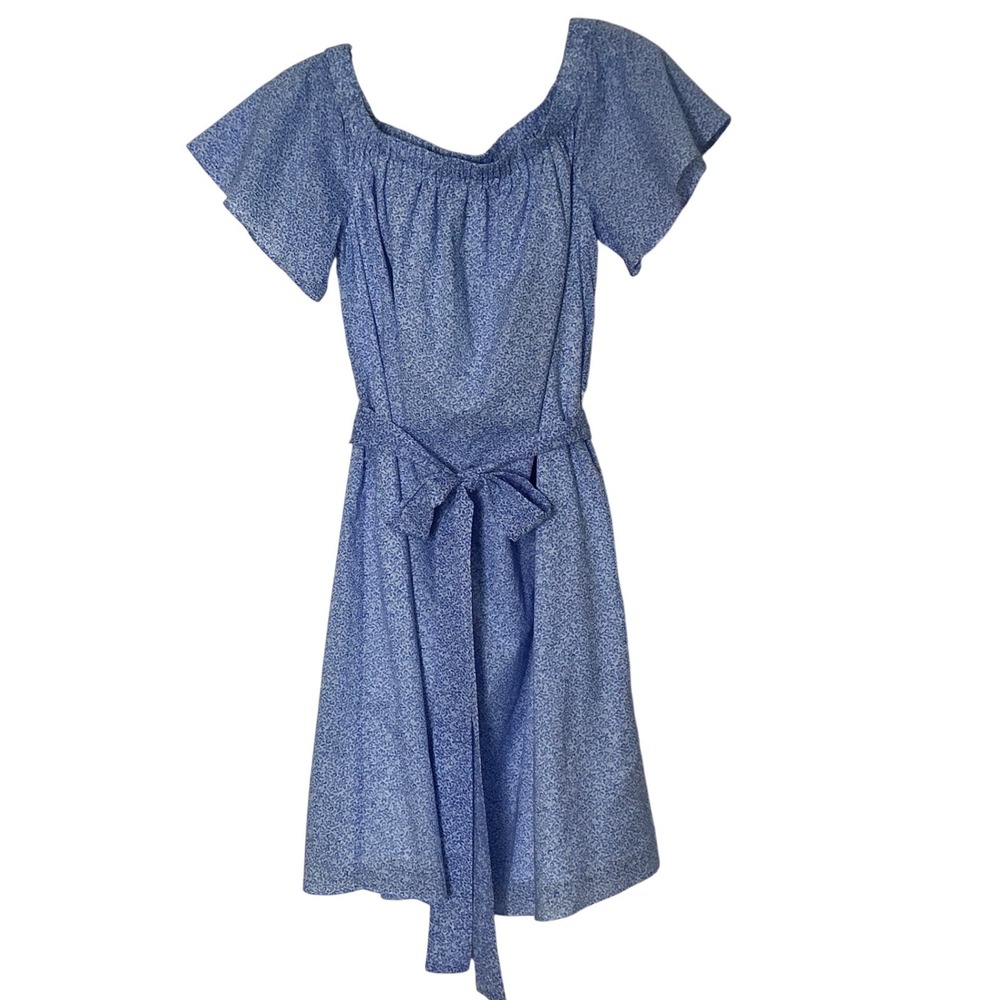 Michael Kors Blue Floral Cotton Off Shoulder Belted Mini Dress MH180VY3W8 Size M
